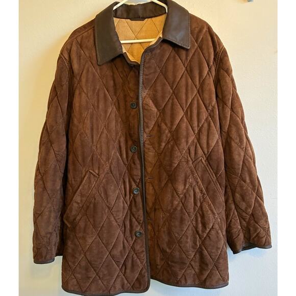 VTG 90s Quilted Brown Leather Wool Jacket Italian Designer Gimo’s Chore Coat L - Picture 1 of 16
